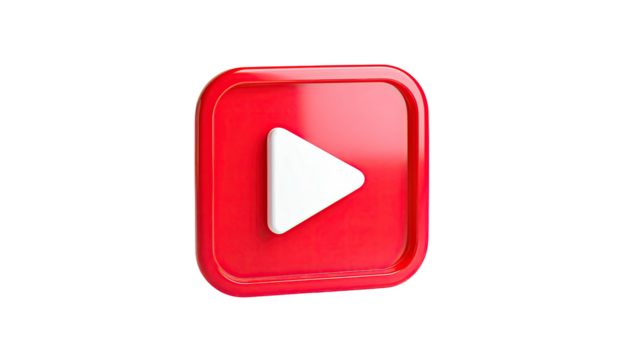 Shiny 3D red square with white play triangle on a black background