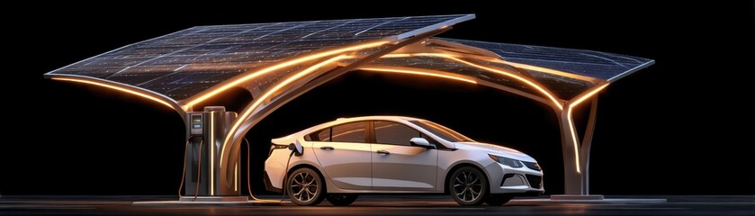 Fototapeta premium Green energy and environmental tech integrated with AI, A futuristic electric vehicle charging station with solar panels, lighting, and a sleek car parked underneath, sustainable technology