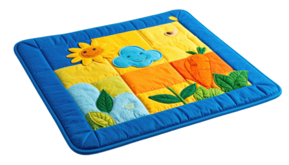 A colorful, patchwork, padded mat for a child with appliqued garden imagery