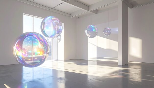 Bubbles float in a bright, sunlit, modern minimalist room
