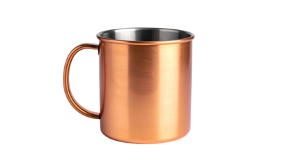 Gleaming copper mug with a simple handle, isolated against a black backdrop