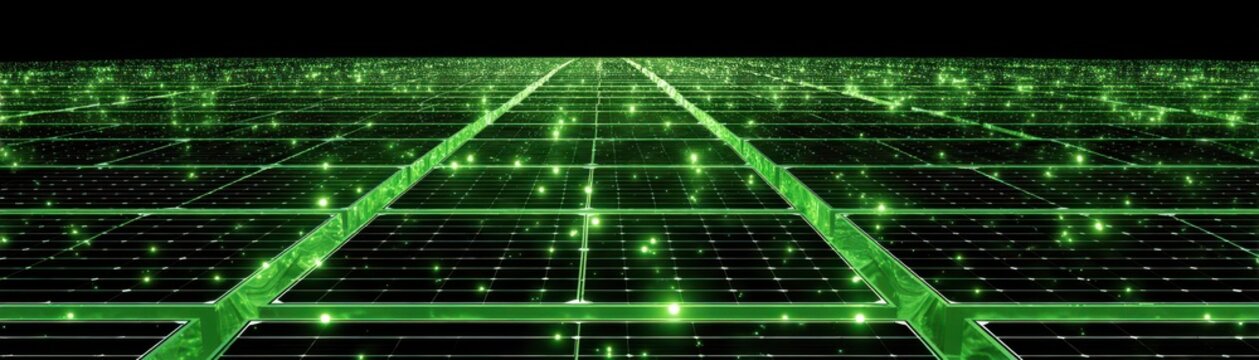 Green energy and environmental tech integrated with AI, A digital representation of solar panels arranged in a grid, glowing with green lights, renewable energy and technology