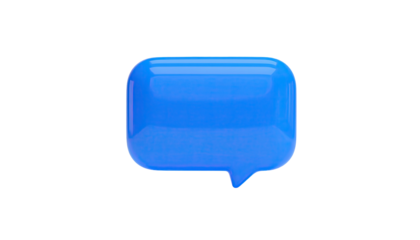 Glossy blue speech bubble icon floats against a stark black background