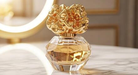 Elegant perfume bottle with golden floral cap on a marble surface, illuminated by soft light, creating a luxurious and sophisticated ambiance