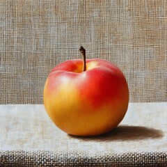 Single Red Yellow Apple Still Life Painting on Burlap