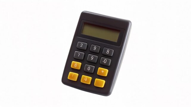 A black and yellow calculator with a clear display and numeric buttons against a white background.