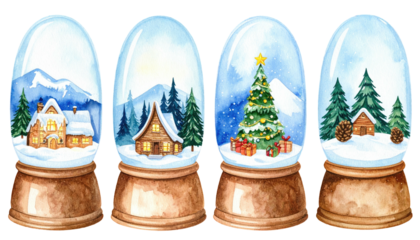 Four watercolor snow globes with winter scenes inside, resting on wooden bases