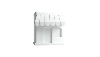 3D render of a white storefront with awning, door, and small window