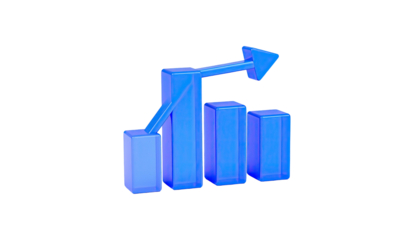 3D render of blue bar graph with arrow ascending, on a black background