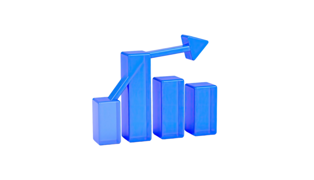 3D render of blue bar graph with arrow ascending, on a black background