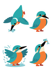 Adorable set of cartoon kingfisher birds: diving for a fish, standing, splashing, and catching prey, vector illustration for nature and fishing themes.