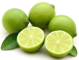Fresh Green Limes with Leaves Closeup Photography