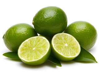 Fresh Green Limes with Leaves, Juicy Citrus Fruit