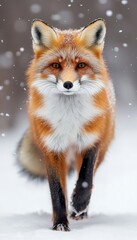 Fototapeta premium Majestic Red Fox Strolling Through a Winter Wonderland of Fresh Snowflakes in Remote Forested Area