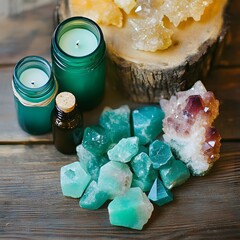 Serene Spa Still Life,  Teal Candles, Crystals, and Essential Oils