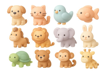 Obraz premium Cute pastel 3d animal collection featuring adorable pets and safari creatures for kids