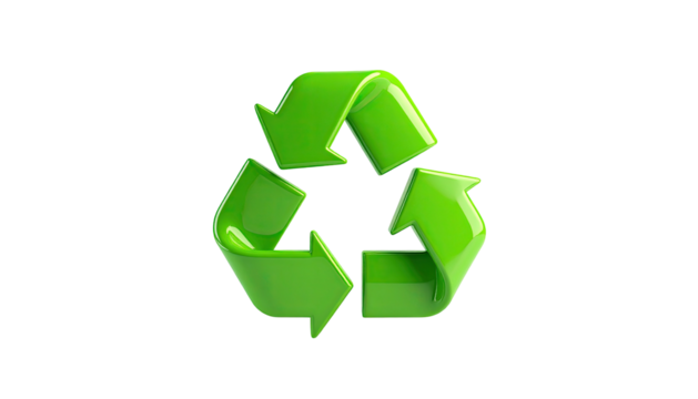 Shiny green recycling symbol with arrows on a black background