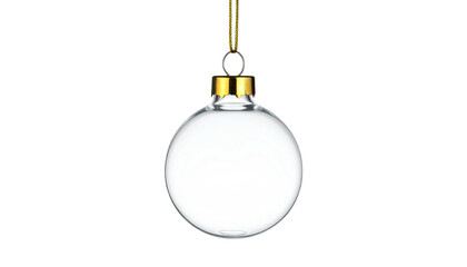 Shiny clear Christmas bauble suspended by a gold loop on black background