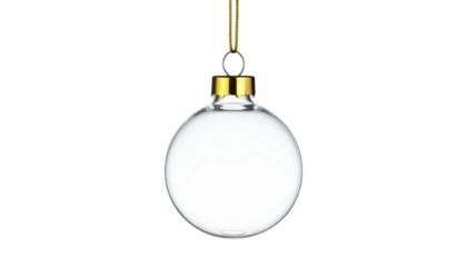 Shiny clear Christmas bauble suspended by a gold loop on black background