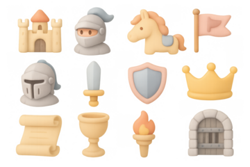 Medieval cartoon icons: knight, castle, and royal elements for game design