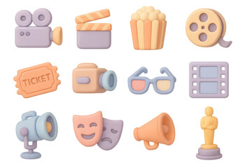 Cinema icons collection in 3d pastel style for movie enthusiasts