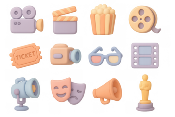 Cinema icons collection in 3d pastel style for movie enthusiasts
