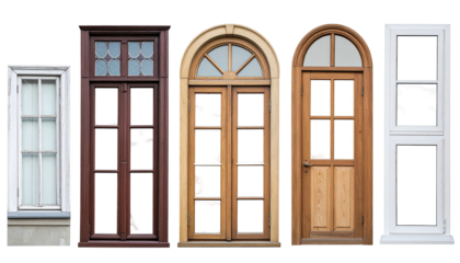 Five various framed windows and door isolated on black