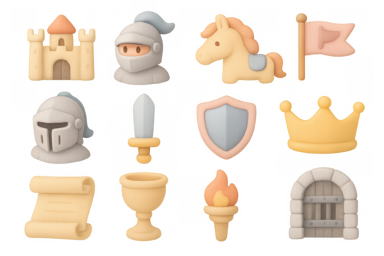 Medieval cartoon icons: knight, castle, and royal elements for game design