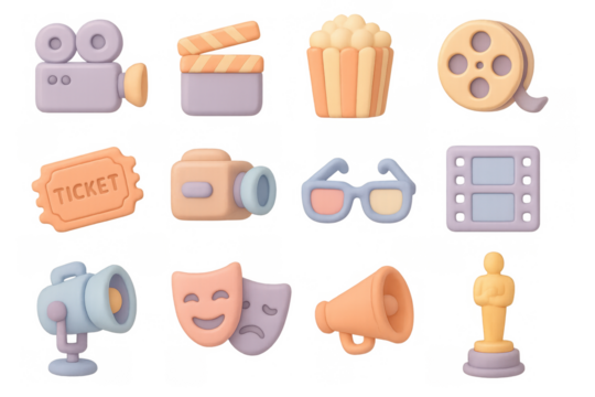 Cinema icons collection in 3d pastel style for movie enthusiasts