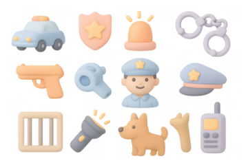 Cute police objects set in pastel tones featuring icons like officer, car, and handcuffs