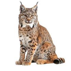 Majestic bobcat sitting alert with striking eyes in a studio shot against
