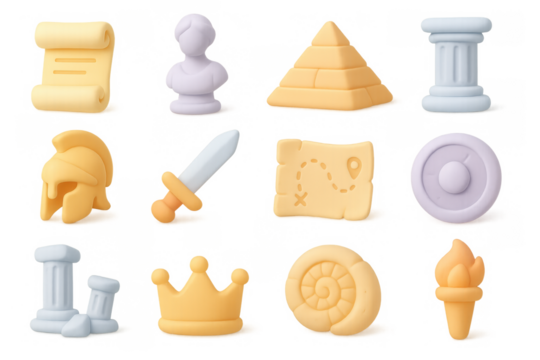 Ancient history icons collection featuring 3d rendered classical symbols