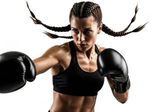Female boxer throwing a punch isolated on transparent background