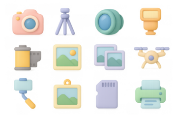 Colorful 3d camera and photography icons set for creative projects