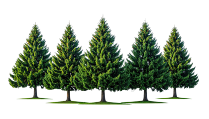 Five lush evergreen trees stand in a row against a transparent background