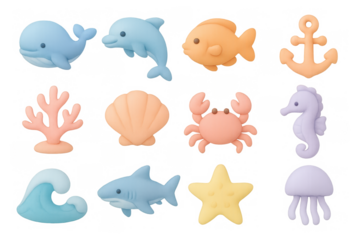 Cute ocean animals collection with soft 3d pastel colors and marine elements