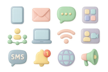 Pastel 3d communication icons set for digital interaction design