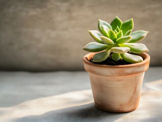 Succulent Plant in Terracotta Pot, Sunlight, Minimalist Home Decor