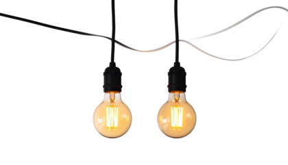 Two hanging bulbs with glowing filaments against a black background