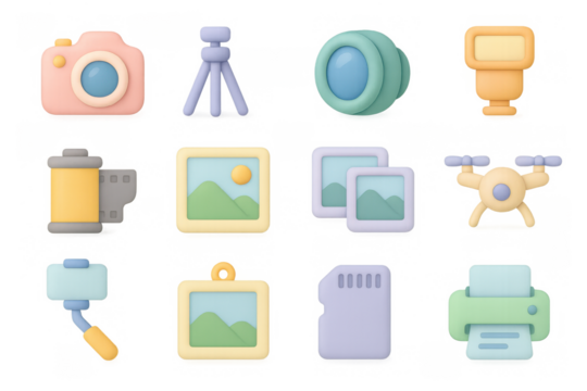 Colorful 3d camera and photography icons set for creative projects