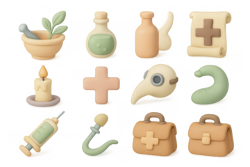 Medieval apothecary icons in pastel 3d style featuring potion bottles, scrolls, and medical tools