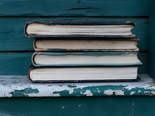 Stack of Vintage Antique Books on Rustic Teal Shelf
