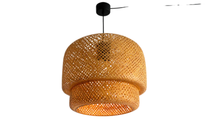 Woven pendant light, rounded tiered shape, dangling against a dark background