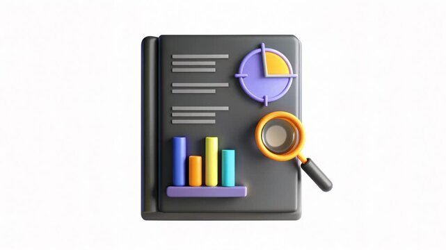 A stylized 3D illustration of a notebook featuring colorful charts, a magnifying glass, and graphs, symbolizing data analysis and research.