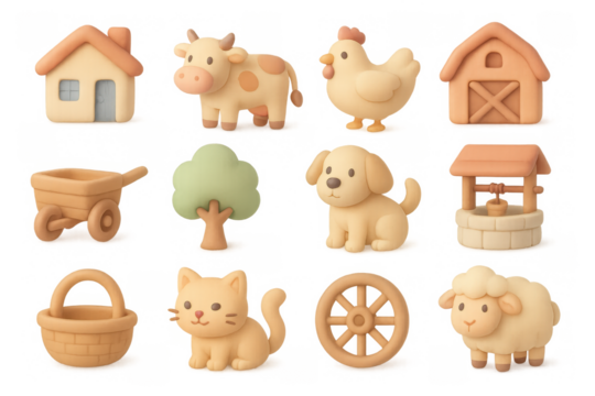 Cute farm animals and objects set in pastel tones