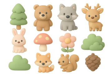 Cute pastel forest creatures and nature elements in 3d style