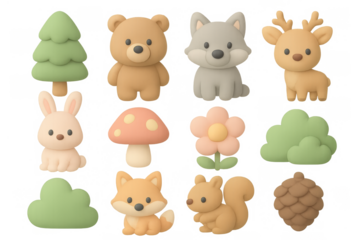 Cute pastel forest creatures and nature elements in 3d style