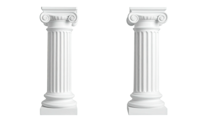 Two white, classical-style columns stand tall against a stark black background