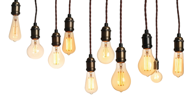 Assorted hanging light bulbs, with warm filaments, against a stark black background