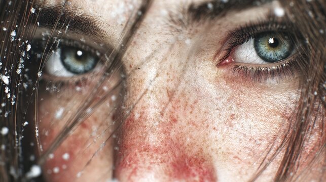 Close-up on a woman's face with striking blue eyes, marked by snow and possible windburn, evoking a sense of vulnerability and resilience.